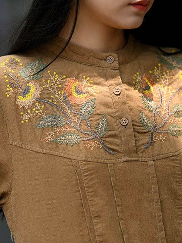 Vintage A-Line Loose Embroidered Stand Collar Midi Dresses