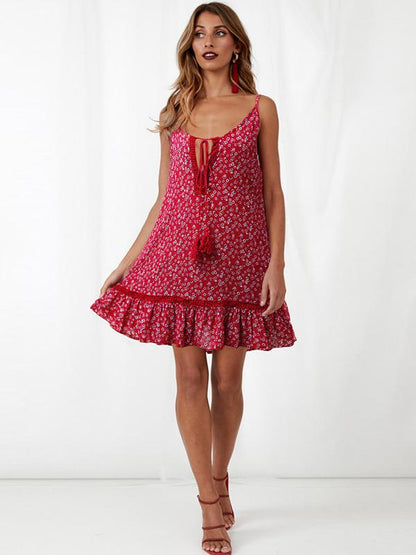 Floral Printed Tasseled Mini Dress