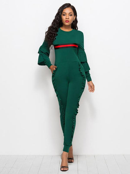 Striped Falbala With Pockets Sports Jumpsuit