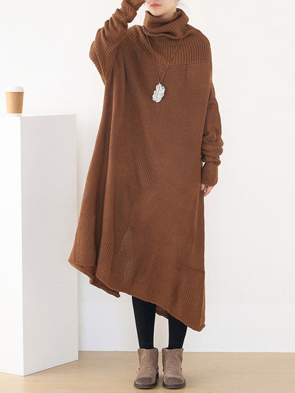 Casual Solid Color High-Neck Long Sleeves Knitted Sweater Midi Dress
