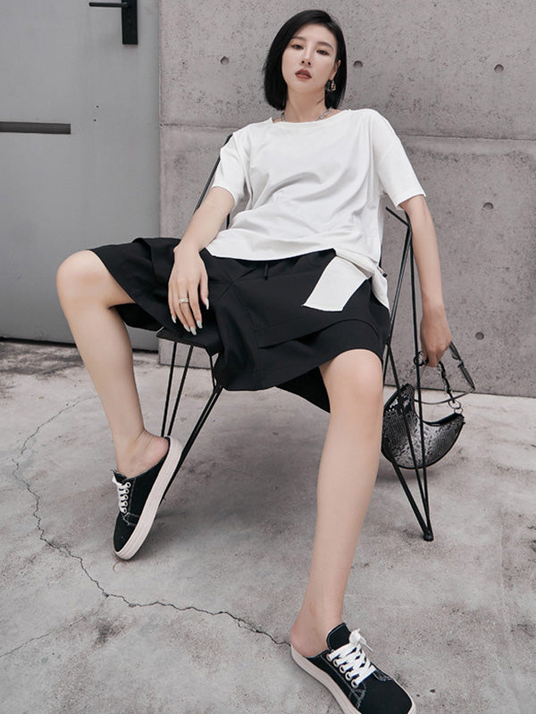 Original Black&White Asymmetric Round-Neck Short Sleeves T-Shirts