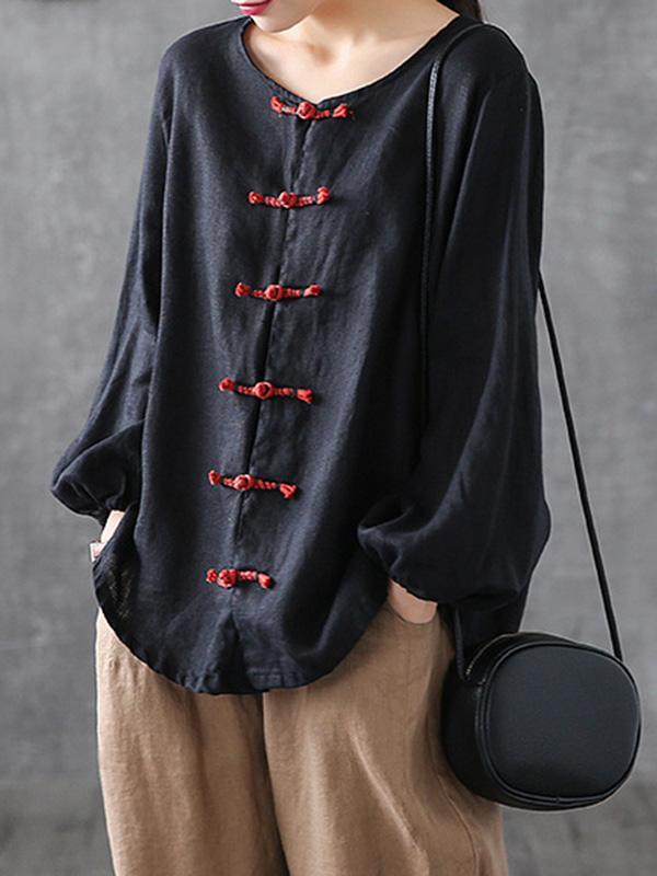 Artistic Retro Buckle Blouse Tops