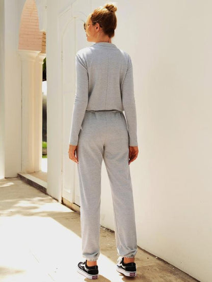 Solid Zipper Drawstring Jumpsuits
