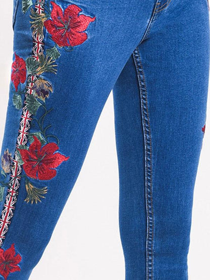 Embroidered Elastic Jeans Pants Bottoms