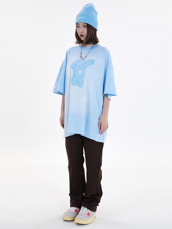 Vintage Round-Neck Bear Print Loose T-Shirts Tops