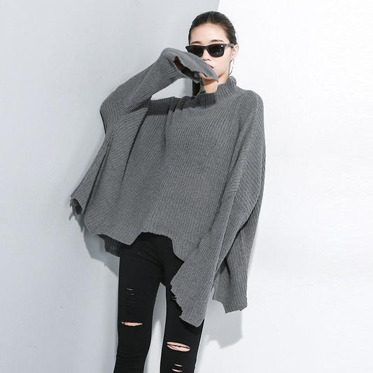 Buykud Turtleneck Personality Irregular Hem Loose Sweater