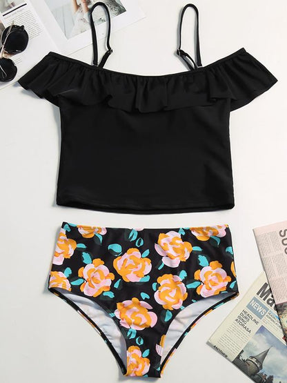 Off-the-shoulder Falbala Tankini Swimsuit