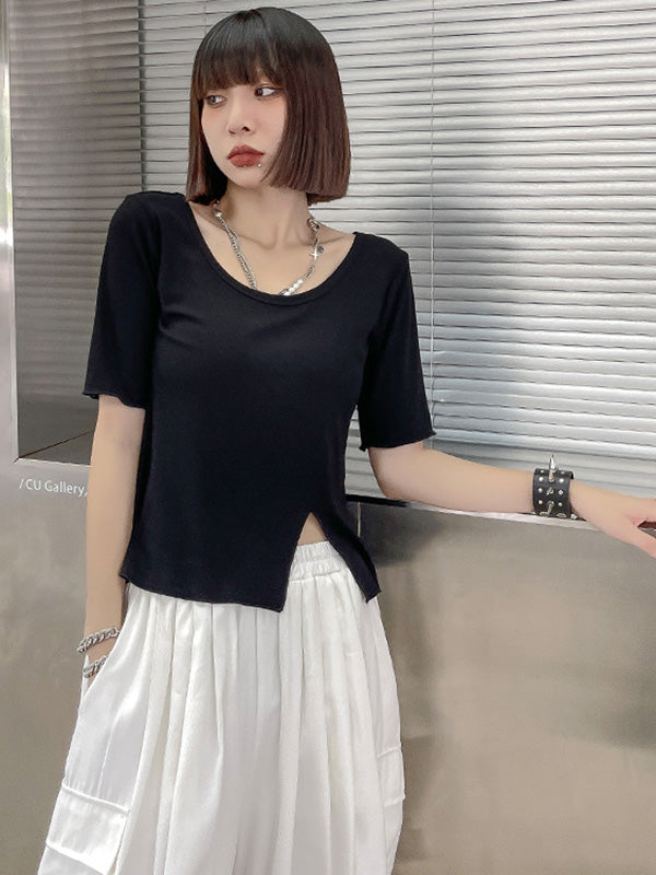 Casual Solid Color Split-Side Short Sleeves U-Neck Shirts
