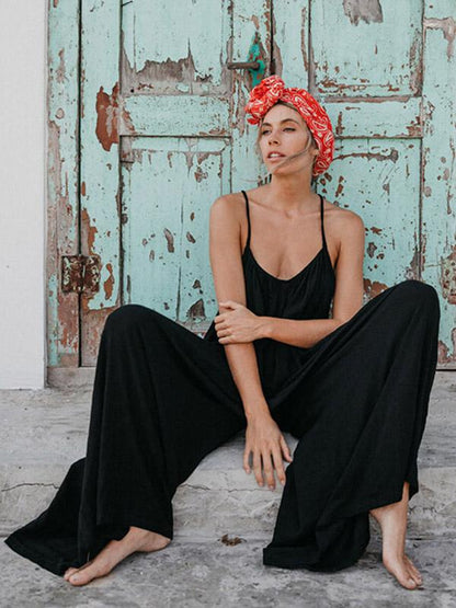 Solid Loose Bohemia Cross-strap Jumpsuits