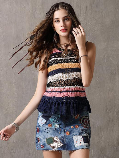 Striped Tasseled Kintwear Sleevesless Shirt
