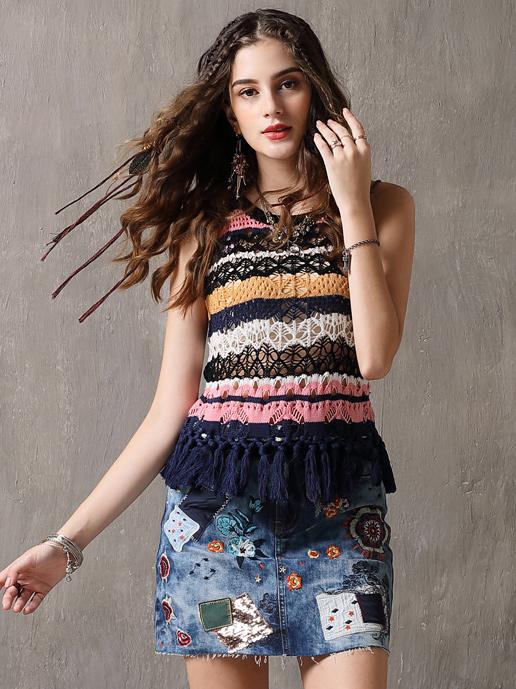 Striped Tasseled Kintwear Sleevesless Shirt