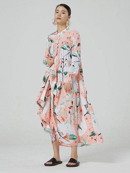 Stylish Buttoned Printed Loose Long Sleeves Midi Dress