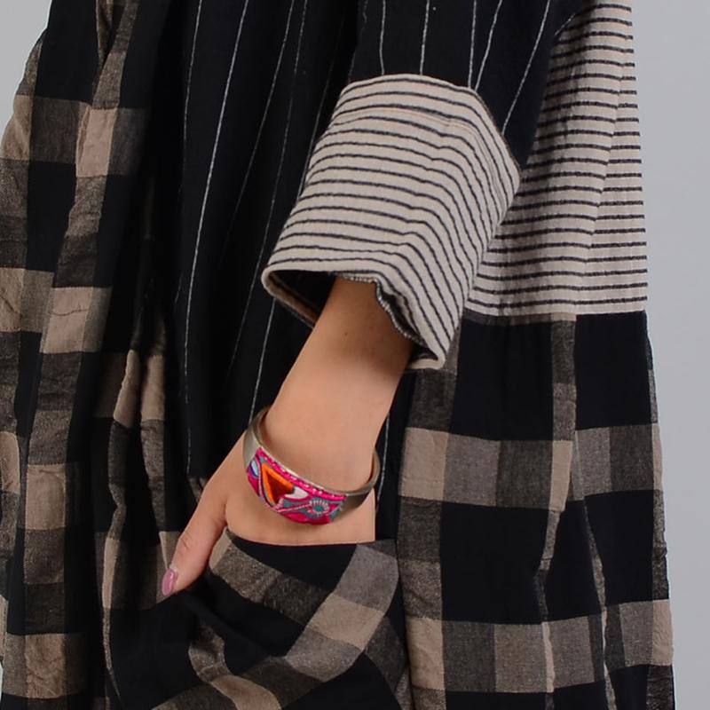 Buykud Stripe And Plaid Irregular Spliced Retro Loose Dress
