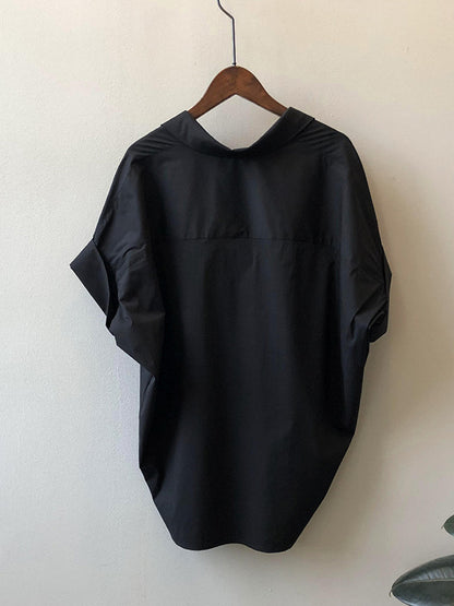 Simple Urban Solid Color Pleated Lapel Collar Short Sleeves Blouse