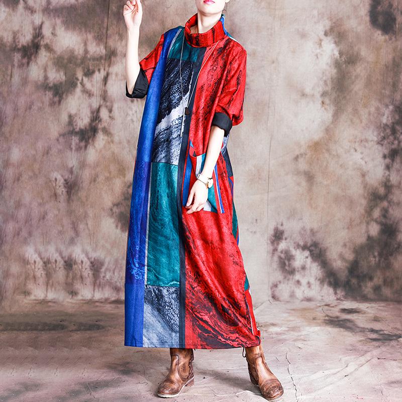 Buykud Personalized Multicolored Printed Turtleneck Warm Dress