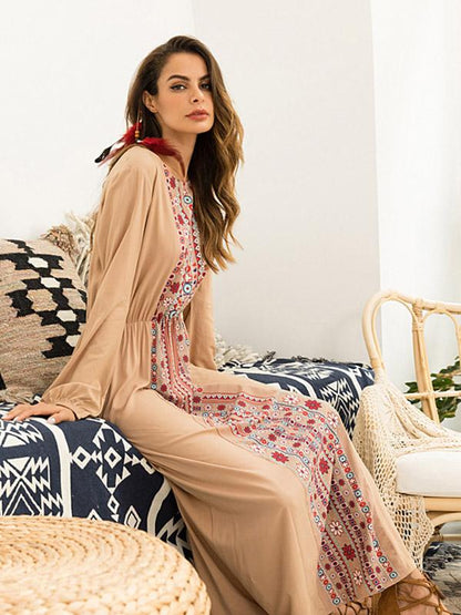 Round-neck Long Sleeves Printed Maxi Dress