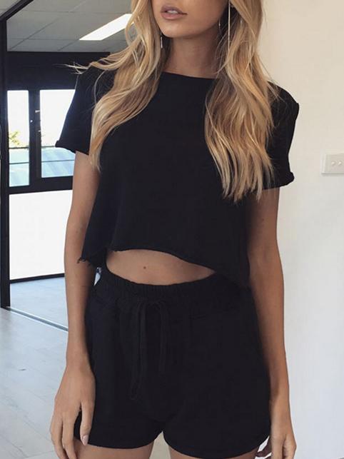 Casual Solid Short Sleeves Round-neck Sport Suit