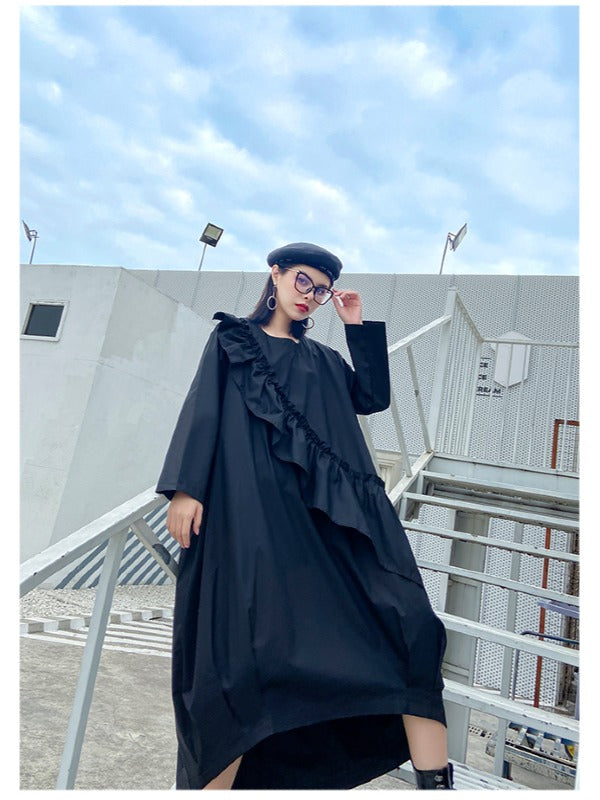 LOOSE BLACK FALBALA HIGH-LOW DRESS