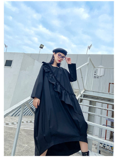 LOOSE BLACK FALBALA HIGH-LOW DRESS