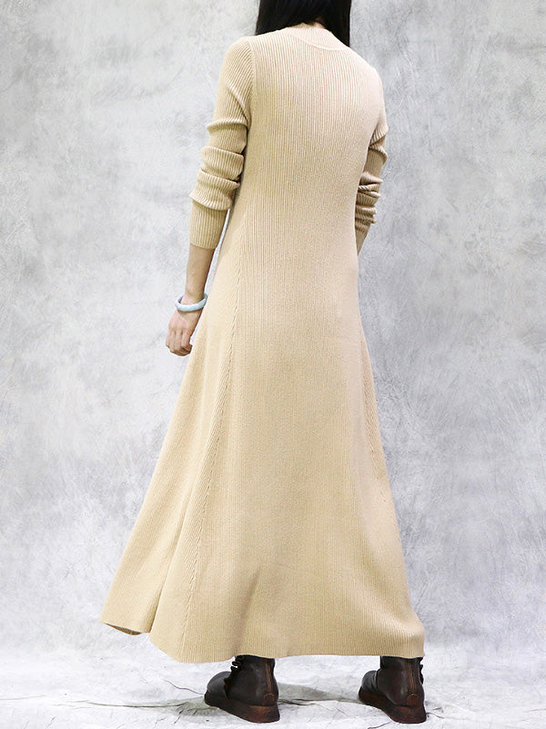 Artistic Retro Solid Color Split-Joint High-Neck Long Sleeves Knitted Sweater Dress