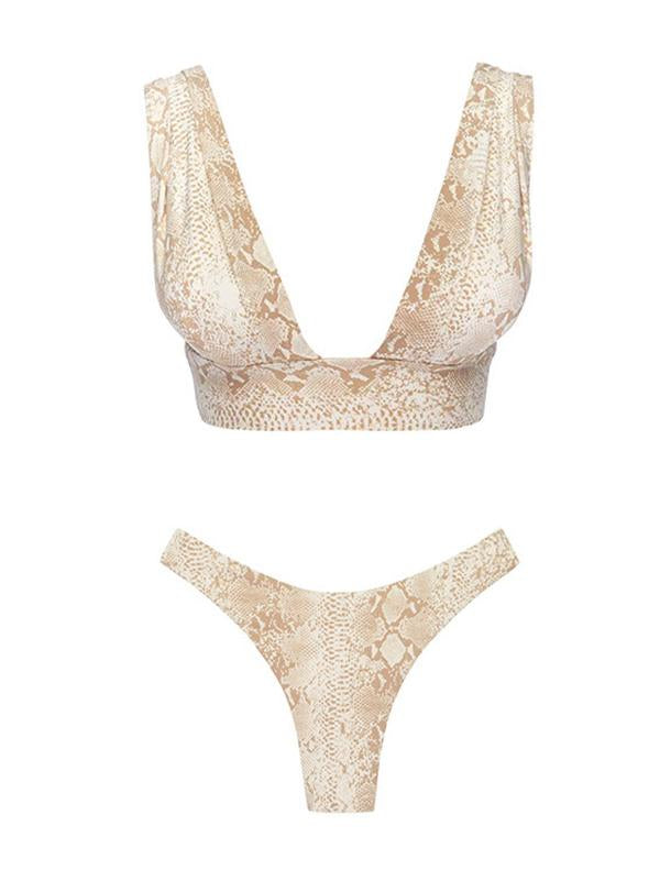 Snake-Print Bandage Split Bikini Swimsuit