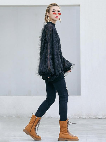 Fuzzy Tasseled See-through Batwing Sleeves Shirt Top