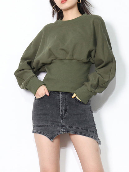 Simple Long Sleeves Green Split-Joint Sweatshirt Top
