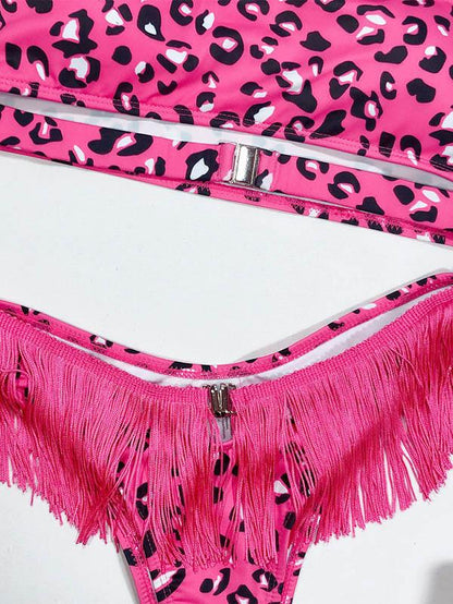 Strapless Tassels Leopard Print Bikini Swimsuit