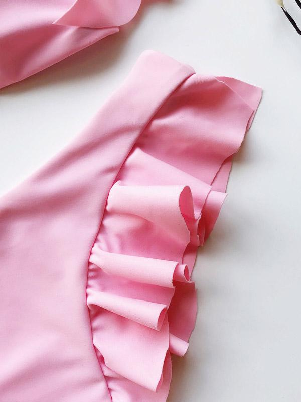 V-Neck Flounce Solid Color Split Bikini Swimsuit