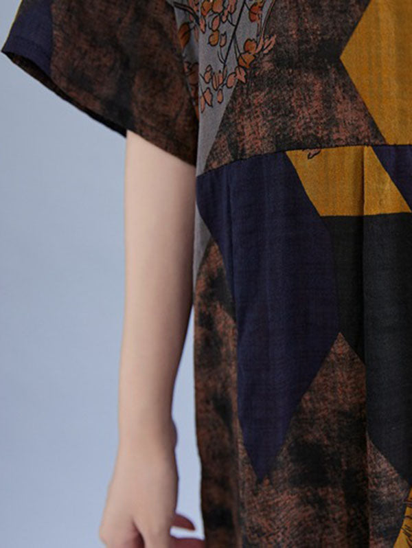 Vintage Printed V-Neck Half Sleeves Midi Dress