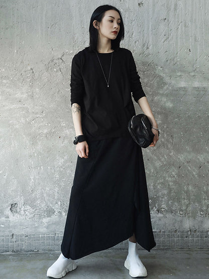 Casual Solid Color Pleated Long Sleeves Round-Neck T-Shirt Tops