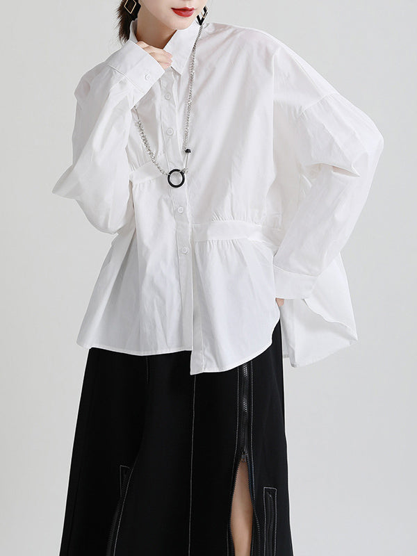 Original Irregular Solid Color Split-Joint Pleated Buttoned Lapel Collar Long Sleeves Blouse