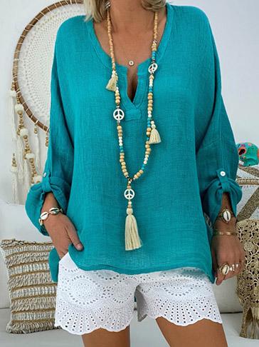 Solid Color V-neck Loose Blouses&Shirts Tops