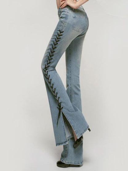Fashion Bandage Slim Bell-bottoms Jean Pants Bottoms