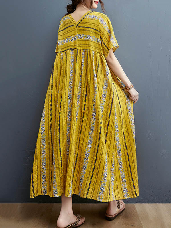 Floral Printed Casual V-Neck Buttoned Midi Dress