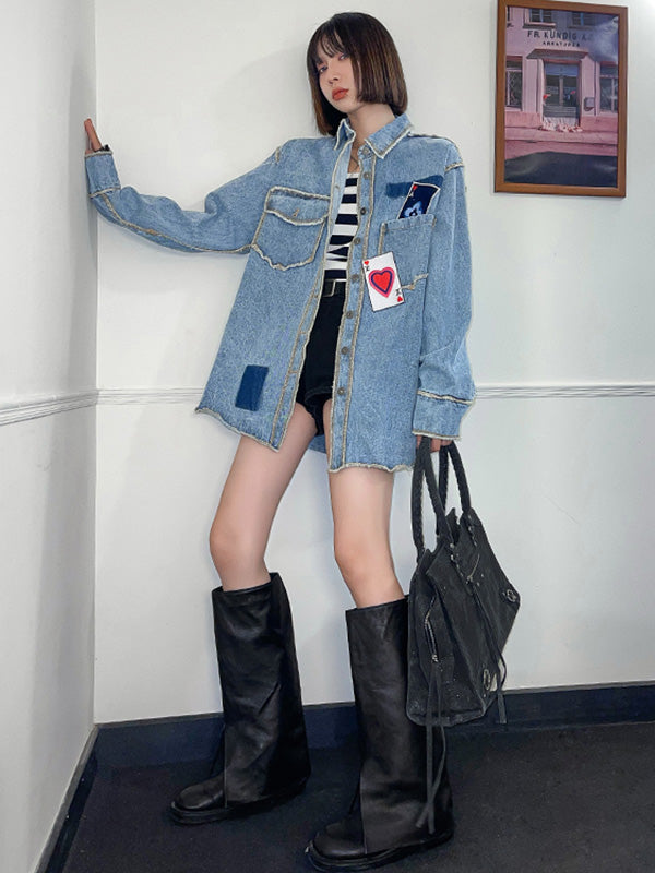 Original Stylish Loose Split-Joint With Pocket Buttoned Applique Lapel Collar Long Sleeves Denim Outwear