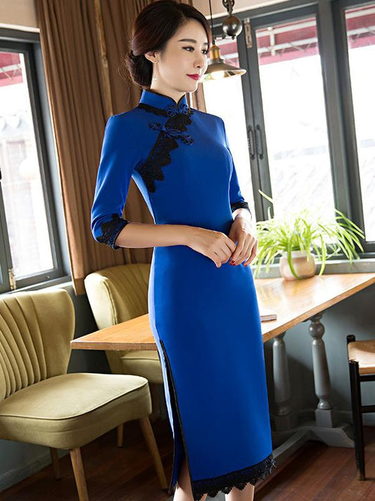Blue Lacy Split-side Long Cheongsam