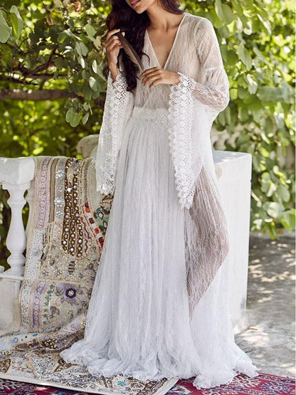 See-through Flared Sleeves V-back Maxi Dress