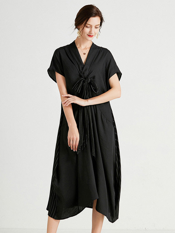 Casual Loose Solid Color Pleated Tied V-Neck Short Sleeves Midi Dress