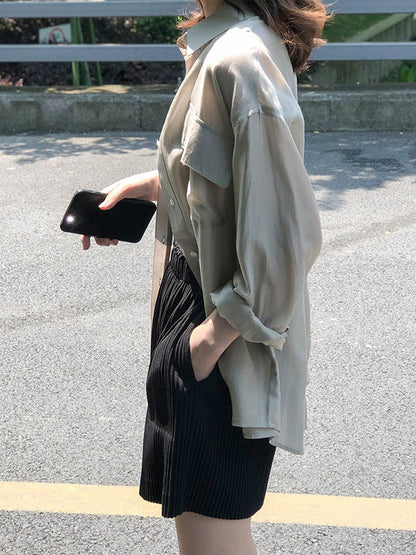 Casual Loose Solid Color Lapel Collar Long Sleeves Shirts