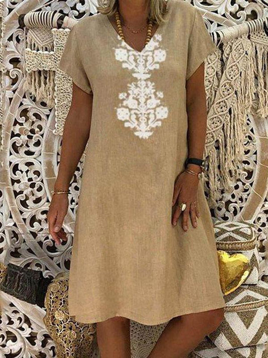 Casual V-neck Printed Short Sleeve Midi Dress