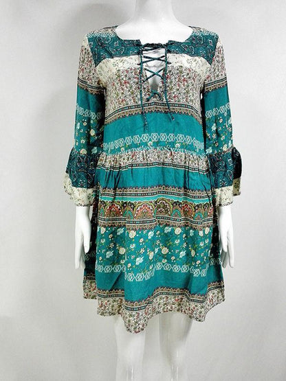 Pretty Bohemia Floral with Tie Half Sleeve Mini Vacation Dress