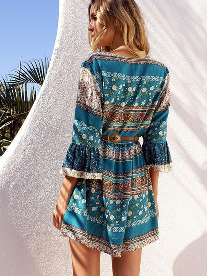 Pretty Bohemia Floral with Tie Half Sleeve Mini Vacation Dress