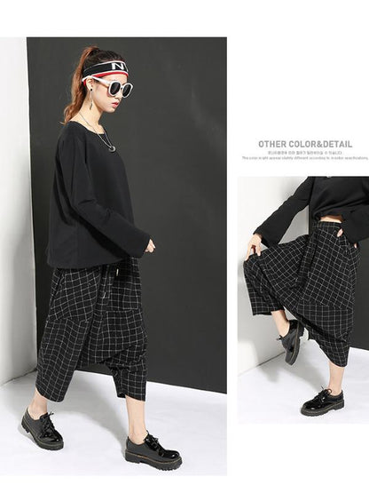 DROP-CROTCH WOOLEN PLAID CASUAL HAREM PANTS