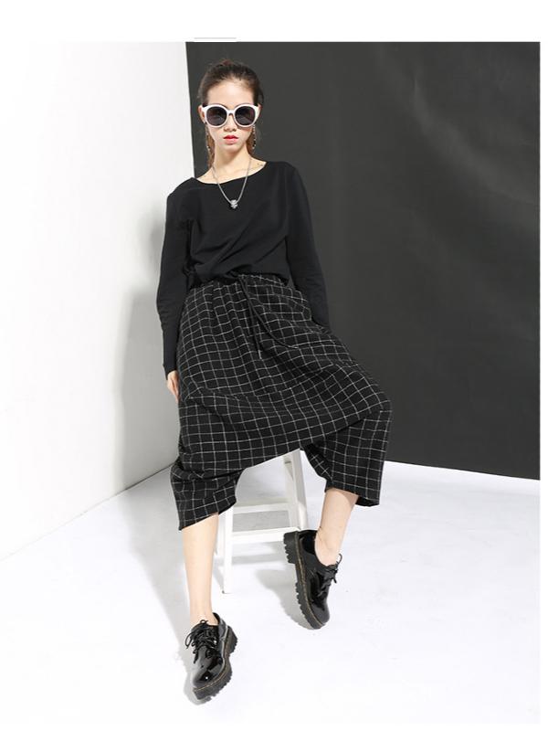 DROP-CROTCH WOOLEN PLAID CASUAL HAREM PANTS