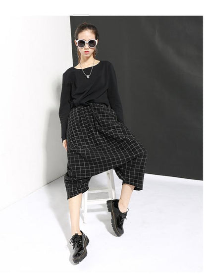DROP-CROTCH WOOLEN PLAID CASUAL HAREM PANTS