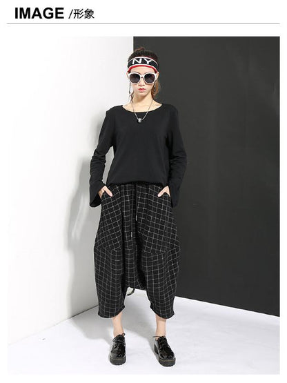 DROP-CROTCH WOOLEN PLAID CASUAL HAREM PANTS