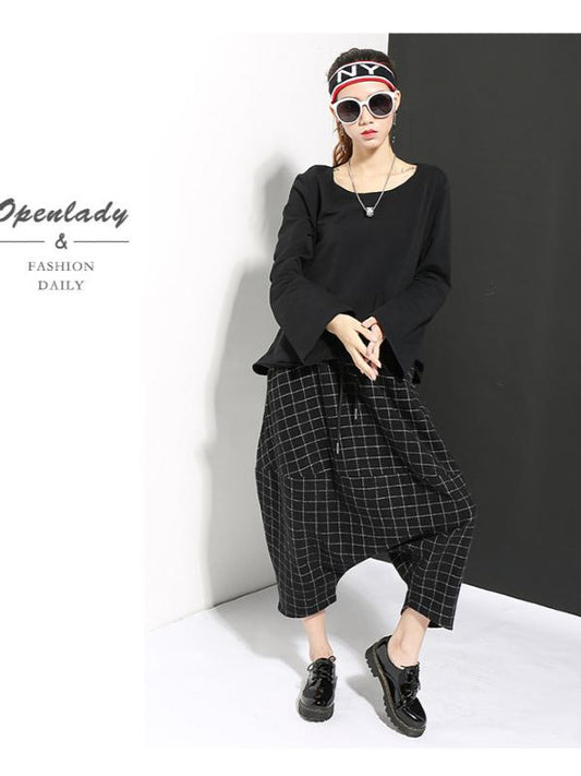 DROP-CROTCH WOOLEN PLAID CASUAL HAREM PANTS