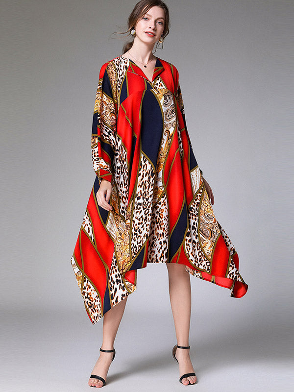 Casual Loose Split-Joint Contrast Color Leopard Floral Printed Lapel Collar Long Sleeves Midi Dress