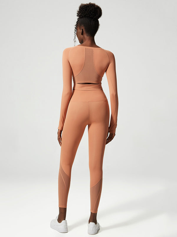 Solid Color U-Neck Long Sleeves Tees&Leggings Suits